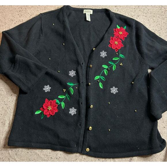Classic Elements Poinsettia Cardigan Sweater Women’s Large Holiday Christmas - Picture 1 of 7